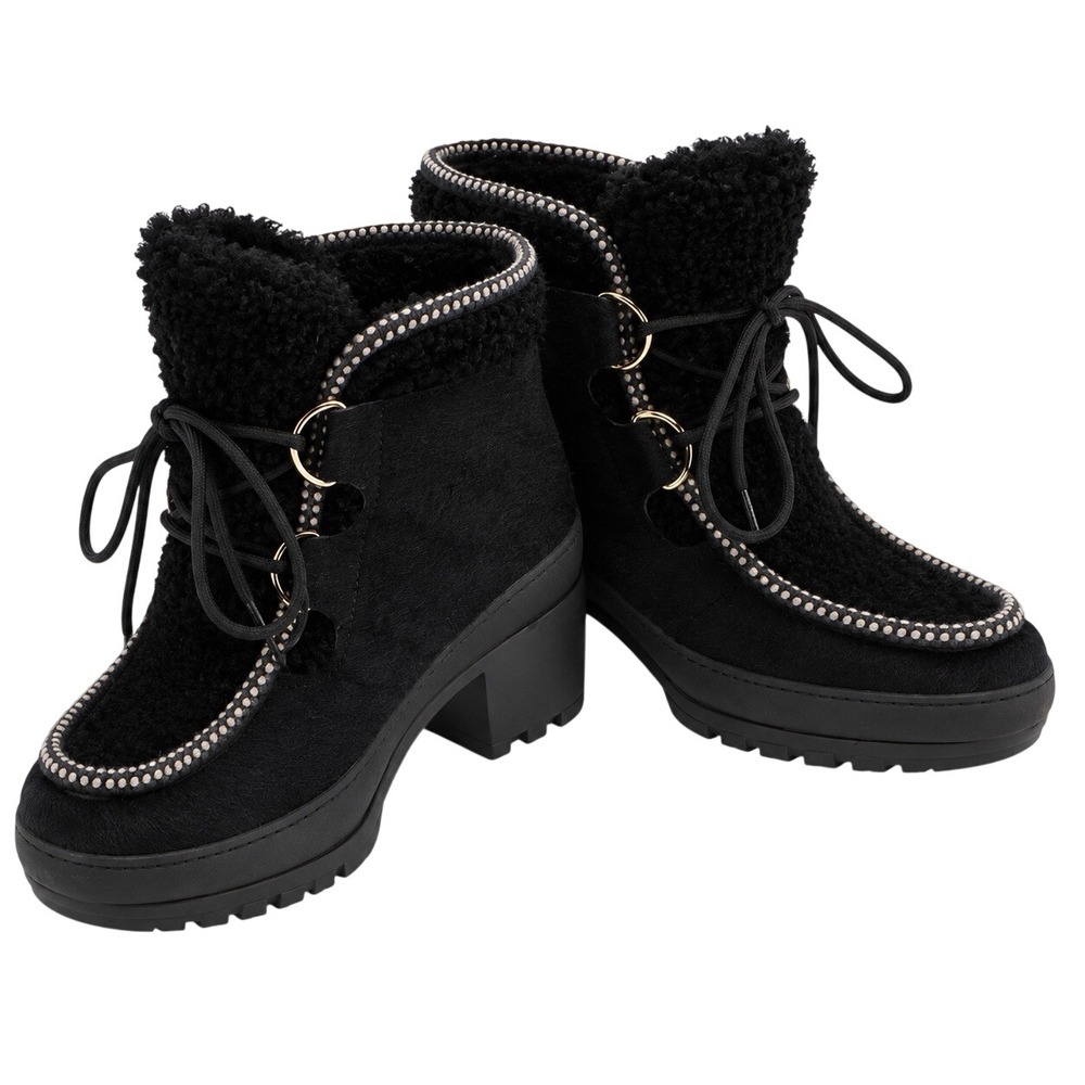 Tory Burch Black Fur Lace Up Lug Sole Ankle Boots Gold Hardware Size 7M